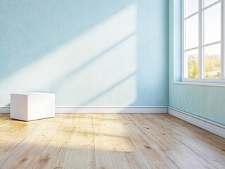 Aufkleber - Photo of an empty room with light blue walls and a wooden floor