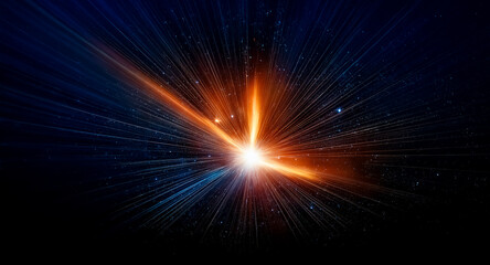 Poster - Abstract image of light rays emanating from a central bright source, with orange and blue colors against a dark backdrop.