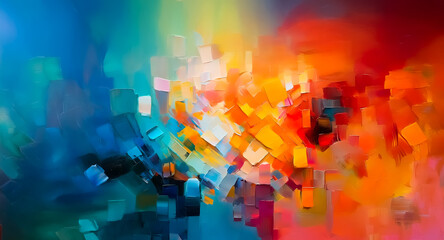 Poster - Vibrant brushstrokes create an abstract painting with a dynamic blend of blue, red, orange, and yellow hues in a lively and energetic composition.