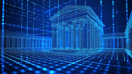 Wall Mural - ancient architecture in digital network, blue wireframe building in cyberspace. digital data flow .