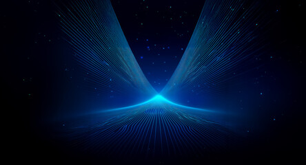 Aufkleber - Luminous blue lines converge towards a central point on a dark backdrop, creating an abstract, modern and dynamic composition.