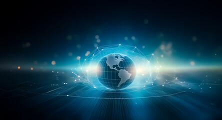 Aufkleber - A glowing blue globe is encircled by a network of light lines and dots against a dark backdrop, representing worldwide digital connection and modern technology.