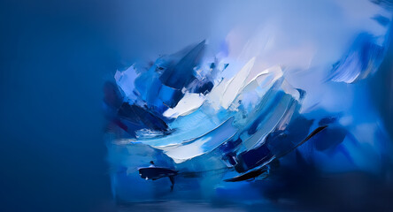Poster - Abstract painting featuring dynamic blue and white brushstrokes. Expressive artwork with textured layers and a sense of movement.