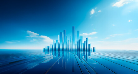 Aufkleber - Futuristic city skyline in blue hues is reflected on a sleek surface under a bright sky with scattered clouds, creating a serene and modern scene.