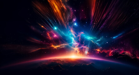 Poster - A vibrant cosmic explosion of colorful nebula and stars erupts above a planet's horizon, creating a dreamy, galactic scene in deep space.