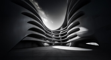 Poster - Abstract, monochromatic interior space with smooth, curved, layered walls. Light from above highlights the modern architectural design and creates strong shadows.