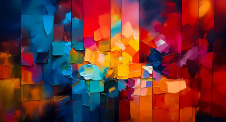 Aufkleber - Abstract artwork featuring a dynamic blend of vivid colors and textures. Bold brushstrokes form geometric shapes, creating a modern and expressive painting.
