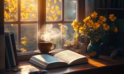 Wall Mural - Cozy Reading Moments: Open Book, Steaming Coffee, and Sunshine by the Window