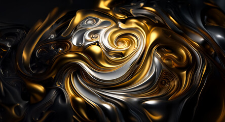 Poster - Abstract swirling design in gold, silver, and black tones. Metallic and shiny surface creates a dynamic and luxurious feel with fluid motion and elegant curves.