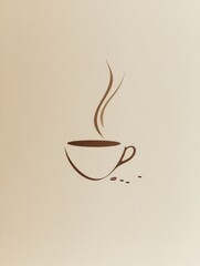 Aufkleber - Elegant minimalist coffee cup logo featuring steam lines and scattered coffee beans in warm brown and beige tones for a modern design