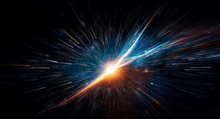 Leinwandbilder - Abstract background featuring a radiant light burst.  Dynamic rays of blue and orange emanate outward against a dark backdrop, creating a sense of speed and energy.
