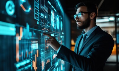Man interacts with futuristic digital screen displaying data and graphics.
