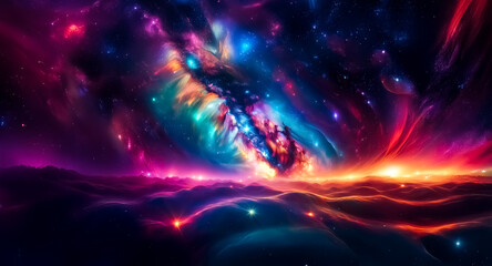 Fototapete - Vibrant abstract nebula background. Cosmic colors blend in swirling shapes, creating a dreamy and artistic space scene.