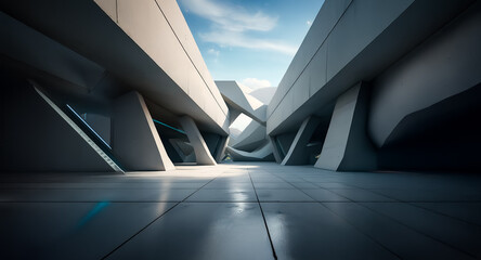 Aufkleber - Modern architecture with an abstract background of geometric shapes and angles. Sunlight illuminates the minimalist and clean design, casting shadows.
