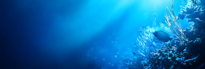 Wall Mural - underwater view of a vibrant coral reef with sunlight filtering through blue waters- wide banner - b