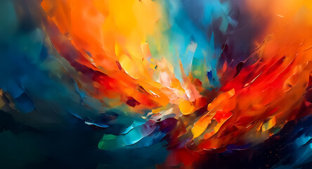 Poster - Vibrant abstract background featuring dynamic brushstrokes of orange, yellow, red, and blue hues blending together in a fluid, artistic composition.