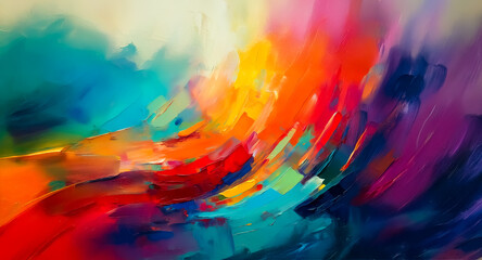Poster - Abstract background showcasing a vivid mix of brushstrokes in red, orange, yellow, green, blue, and purple, creating a textured and dynamic artistic display.
