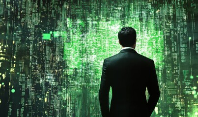 Businessman in a Suit Experiencing Stress and Anxiety in Front of a Stock Market Display with Falling Numbers and Green Indicators