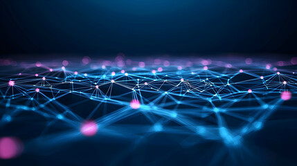 Abstract Digital Network with Glowing Pink and Blue Dots on Dark Background