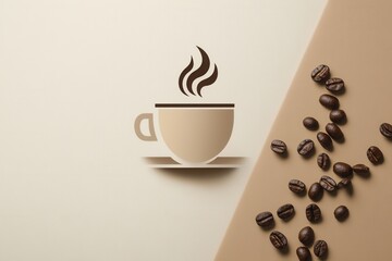 Poster - Minimalist coffee cup logo design featuring elegant steam lines and scattered coffee beans in warm brown and beige tones