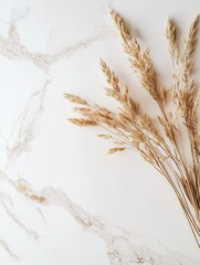 Poster - Elegant arrangement of dried grasses on a white marble surface with golden accents and subtle dust for a touch of luxury