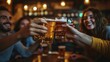 © maxximmm - Three people toasting with beer. Friends cheering on a beer in a pub. A happy hour of culture and food and beverage lifestyle. Three individuals raising their beer lifestyle in a toast.