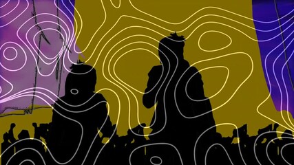 Wall Mural - silhouetted people with colorful animation lines and shapes in background