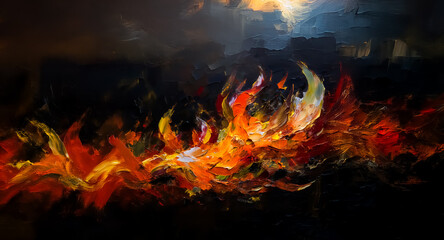 Aufkleber - Abstract painting of fiery blaze with vibrant orange and yellow hues contrasting against dark background. Suggestive of intense heat and motion.