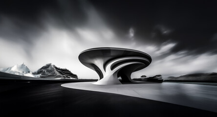 Poster - Futuristic architectural structure stands in a monochrome landscape under a dramatic cloudy sky. Modern design in a stark, artistic environment.
