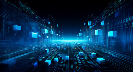 Aufkleber - Abstract digital network with blue cubes and lines creating a futuristic perspective, suggesting data flow in a technological environment.