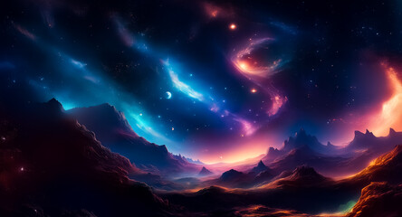 Aufkleber - Dramatic night scene featuring dark mountain silhouettes under a vibrant, colorful sky. Nebulae and stars paint the cosmic expanse with blue, orange, and purple hues, creating a dreamy landscape.