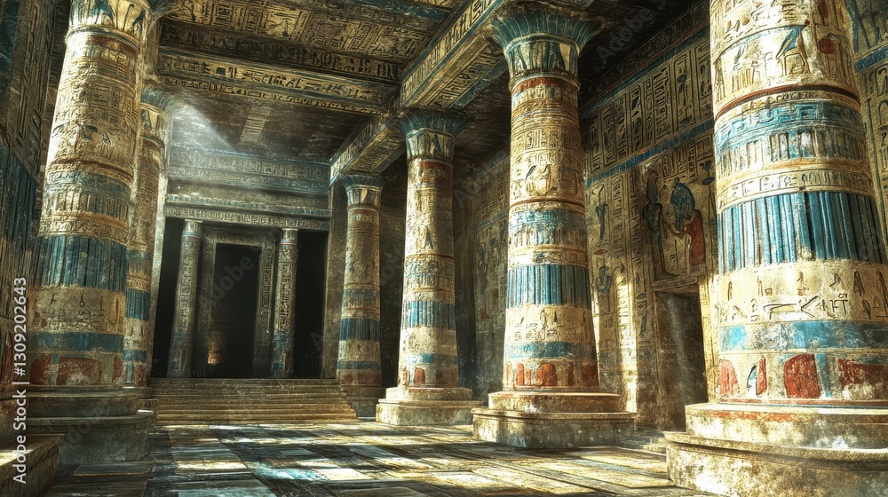 Majestic ancient egyptian temple interior with sunlit hieroglyphic ...