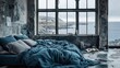 © shikatso - Industrial bedroom with ocean view, cozy bedding