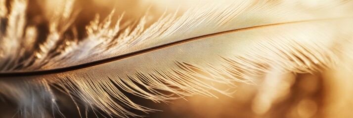 Wall Mural - Delicate feather close-up with warm golden lighting and soft texture