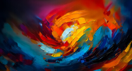 Poster - Vibrant abstract painting with swirling brushstrokes. Energetic composition of red, orange, yellow, blue, and purple colors creates a dynamic feel.