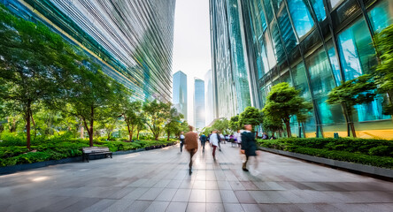 Poster - Busy city street with modern buildings and green trees, people walking, motion blur effect from a low angle perspective.