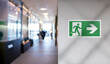 © Rioji - Emergency exit sign with right arrow on the wall of an office corridor. Attention, danger, emergency, fire sign.