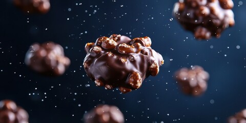 Floating chocolate-covered pretzel bites on a dark indigo background