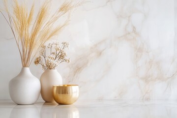 Poster - Luxury interior decor features white marble texture accented with golden elements, showcasing minimalism and elegance in design