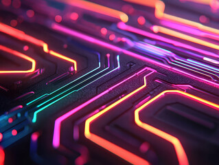 Futuristic neon data streams on network switch circuit board