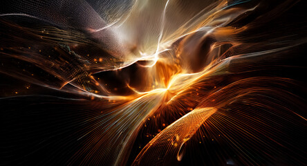 Fototapete - Abstract digital art with flowing lines in orange, yellow, and black hues. Lines radiate from a central point, creating a dynamic, energetic, and vibrant composition.