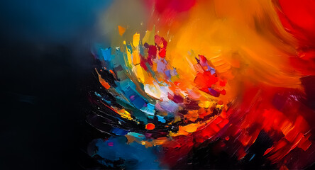 Poster - Abstract painting with bold brushstrokes in vibrant colors. Red, orange, yellow, blue, and black hues blend dynamically, creating an energetic and expressive artwork.