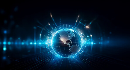 Aufkleber - A glowing blue globe with network connections radiates light on a dark backdrop.  Digital lines and dots surround the Earth, suggesting global communication and futuristic technology.