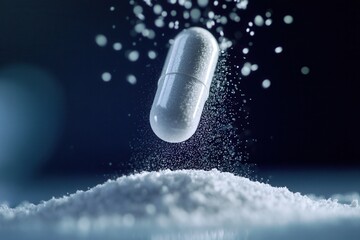Poster - Macro shot capturing fine powder flowing from a half open pill in a cinematic and softly blurred pharmaceutical setting