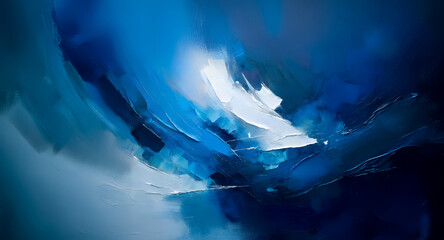 Poster - Abstract artwork featuring dynamic brushstrokes in varying shades of blue, creating a sense of depth and movement.  The composition evokes a feeling of fluidity and calmness.