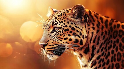 Wall Mural - a poised leopard captured in golden-hour lighting, intricate fur details highlighted, blurred savann