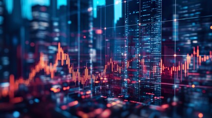 Wall Mural - a powerful real estate investment concept, urban skyscrapers rising with overlaying financial stock 