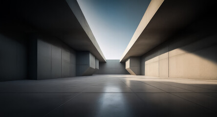 Poster - Modern concrete architecture featuring an empty interior space with natural light streaming from an opening in the ceiling.