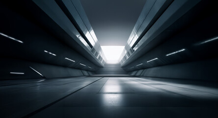 Poster - Sleek futuristic corridor with geometric shapes and illuminated end.  Dark tones and bright light create depth and modern, abstract atmosphere.