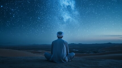 Man Contemplates Starry Night Sky over Desert Landscape
